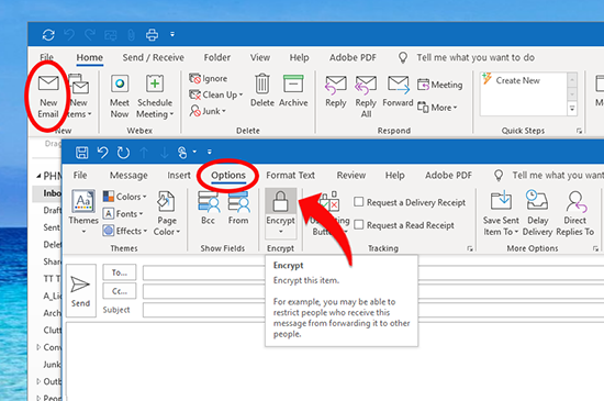 Screenshot of Outlook application with red circles around the selections for New Email and Options. Then a red arrow pointing to the Encryption button.