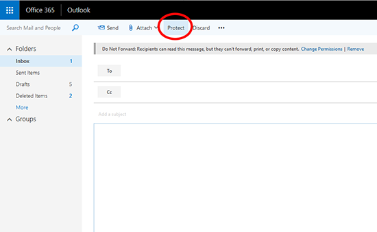 Screen capture of Outlook Web App with the menu item Protect circled in red.