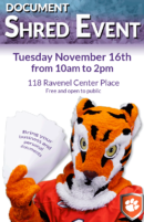 A poster advertising the Shred Event with The Tiger holding up documents