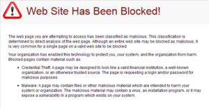 A screenshot of a "Web Site Has Been Blocked" message from Proofpoint