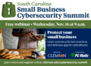 A graphic advertising the Small Business Cybersecurity Summit with a baker holding an iPad