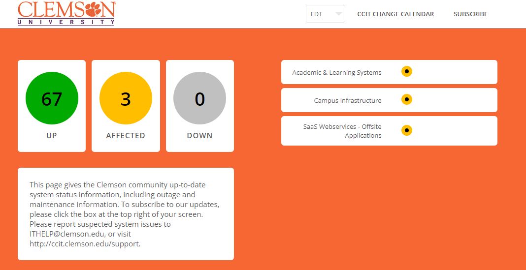 image shows an example of the Status Hub homepage, with an orange background and buttons of green, yellow, or gray based on number of systems running or degraded
