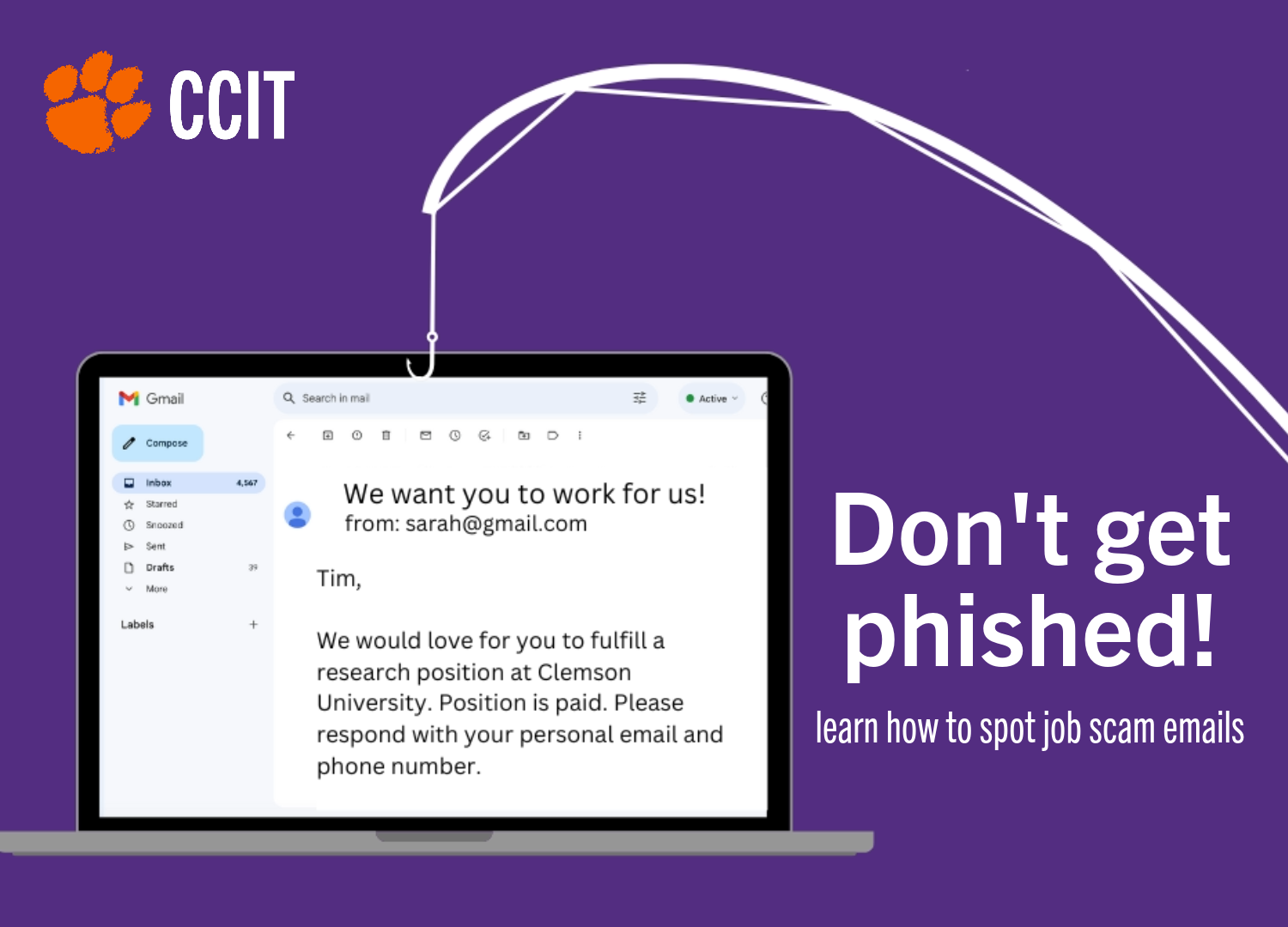 Laptop with a scam email is shown with a fishing rod to demonstrate "phishing" attempts