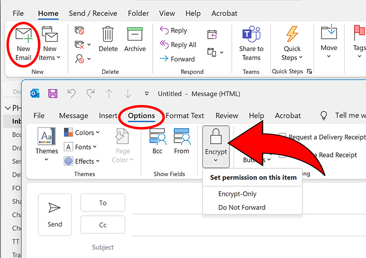 Screenshot of Outlook application with red circles around the selections for New Email and Options. Then a red arrow pointing to the Encryption button.