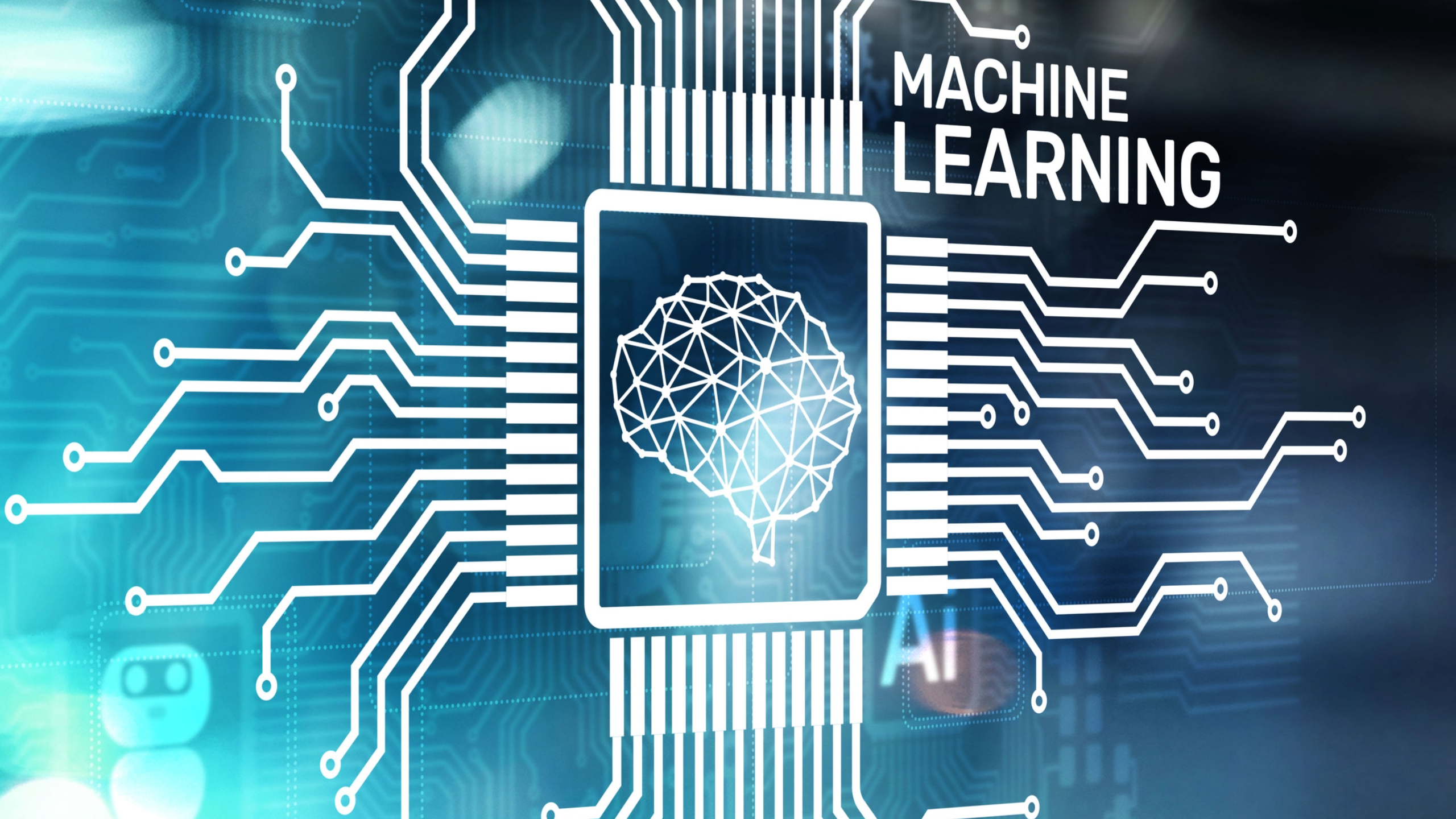image features the words "Machine Learning" and has some computer chip images around a brain in the middle to signify machine learning