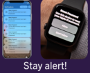 Apple Watch and Iphone display notification messages asking users to allow or don't allow a reset of their Apple ID passwords and it says Stay Alert underneath those images