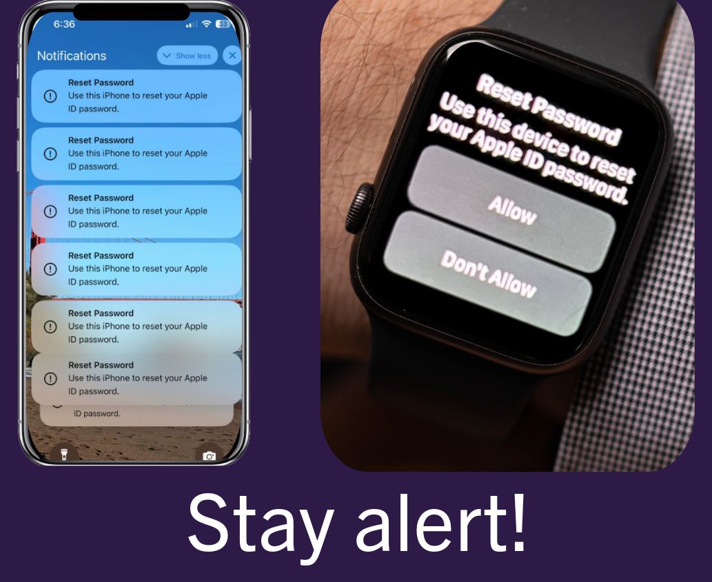 Apple Watch and Iphone display notification messages asking users to allow or don't allow a reset of their Apple ID passwords and it says Stay Alert underneath those images